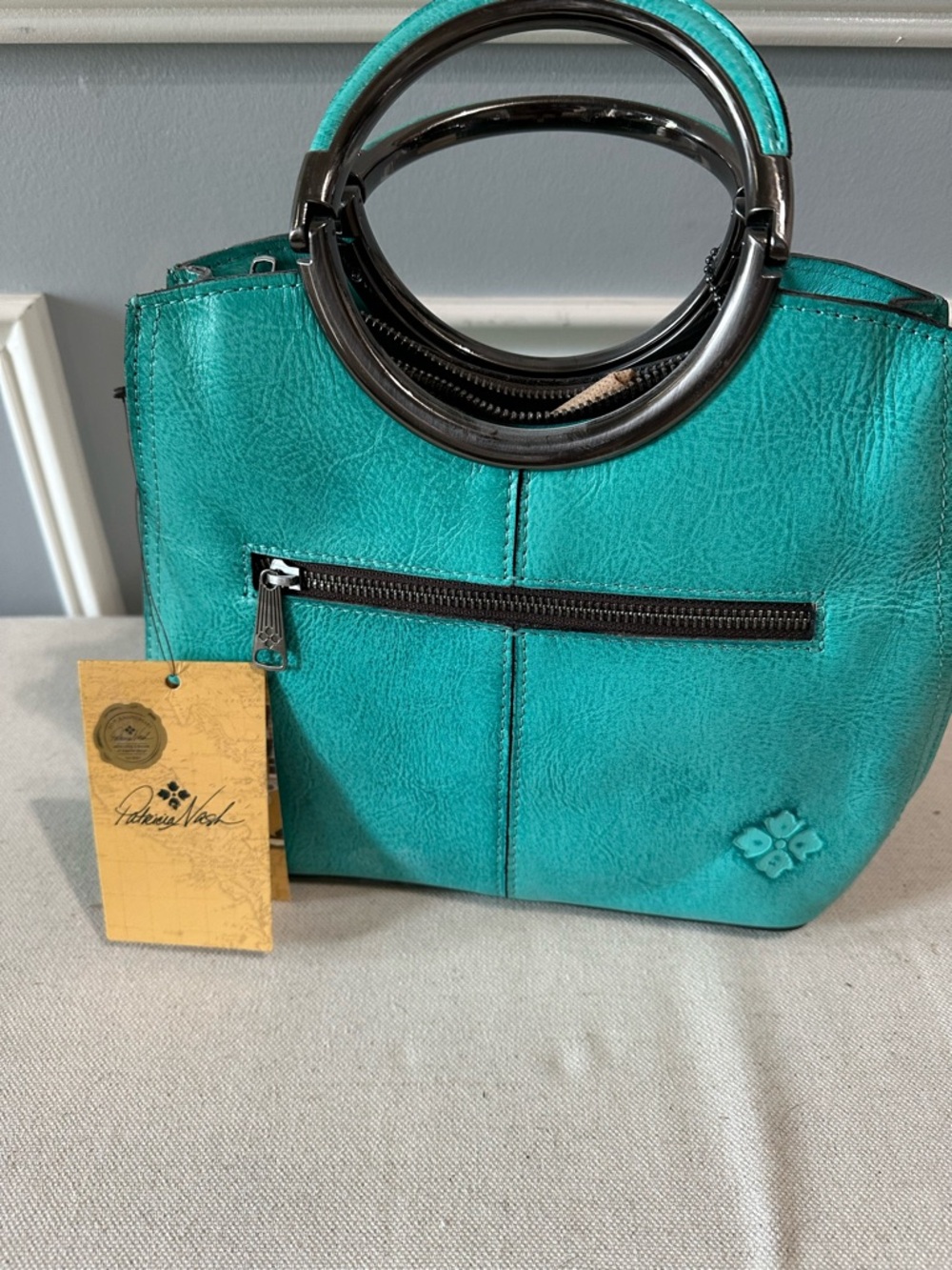 Patricia Nash Turquoise Floral Tooled Leather Ring-Handle Satchel - Picture 2 of 4